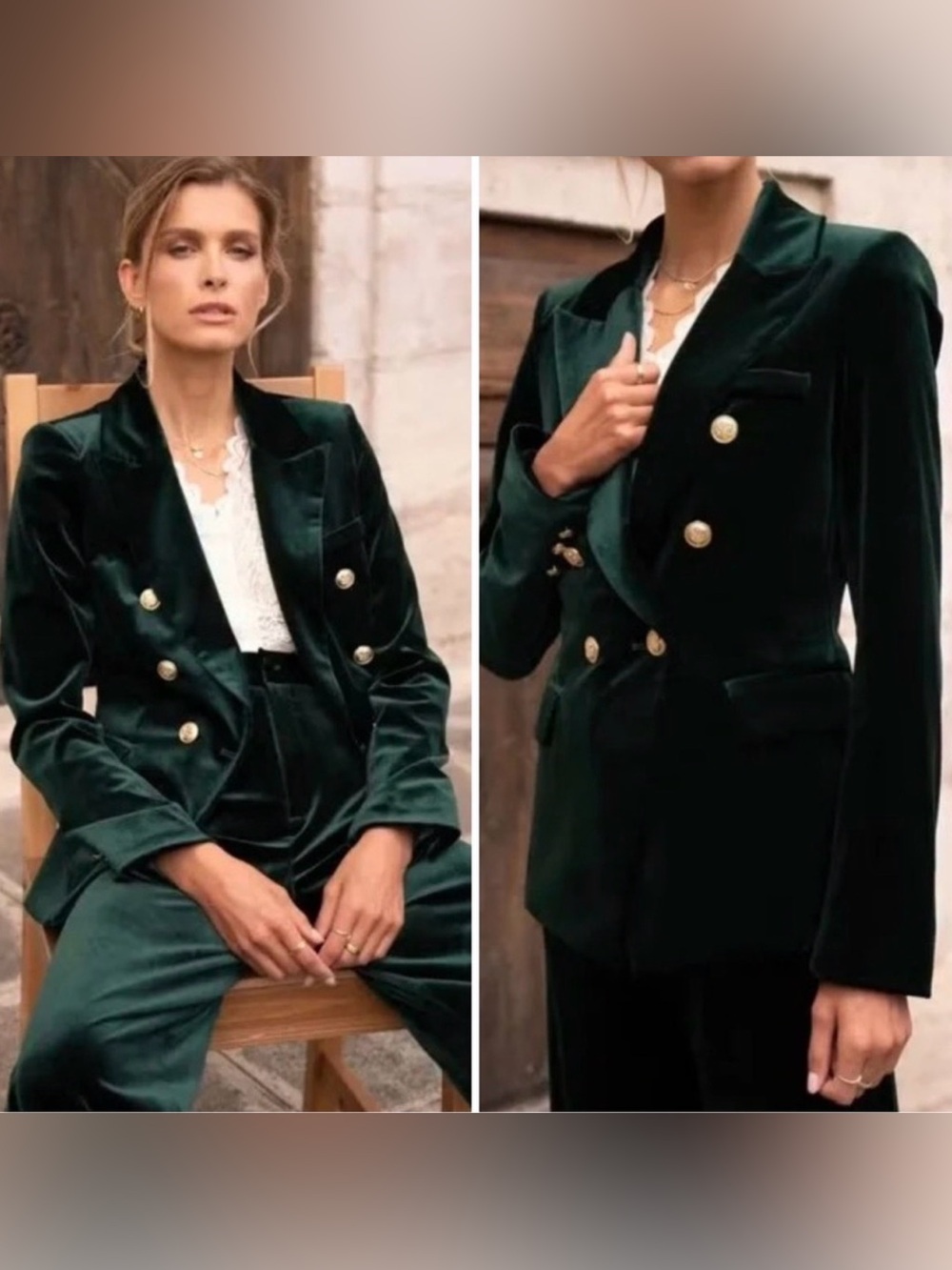 #672 Chico's Emerald Green Velvet Double-Breasted Blazer size 0